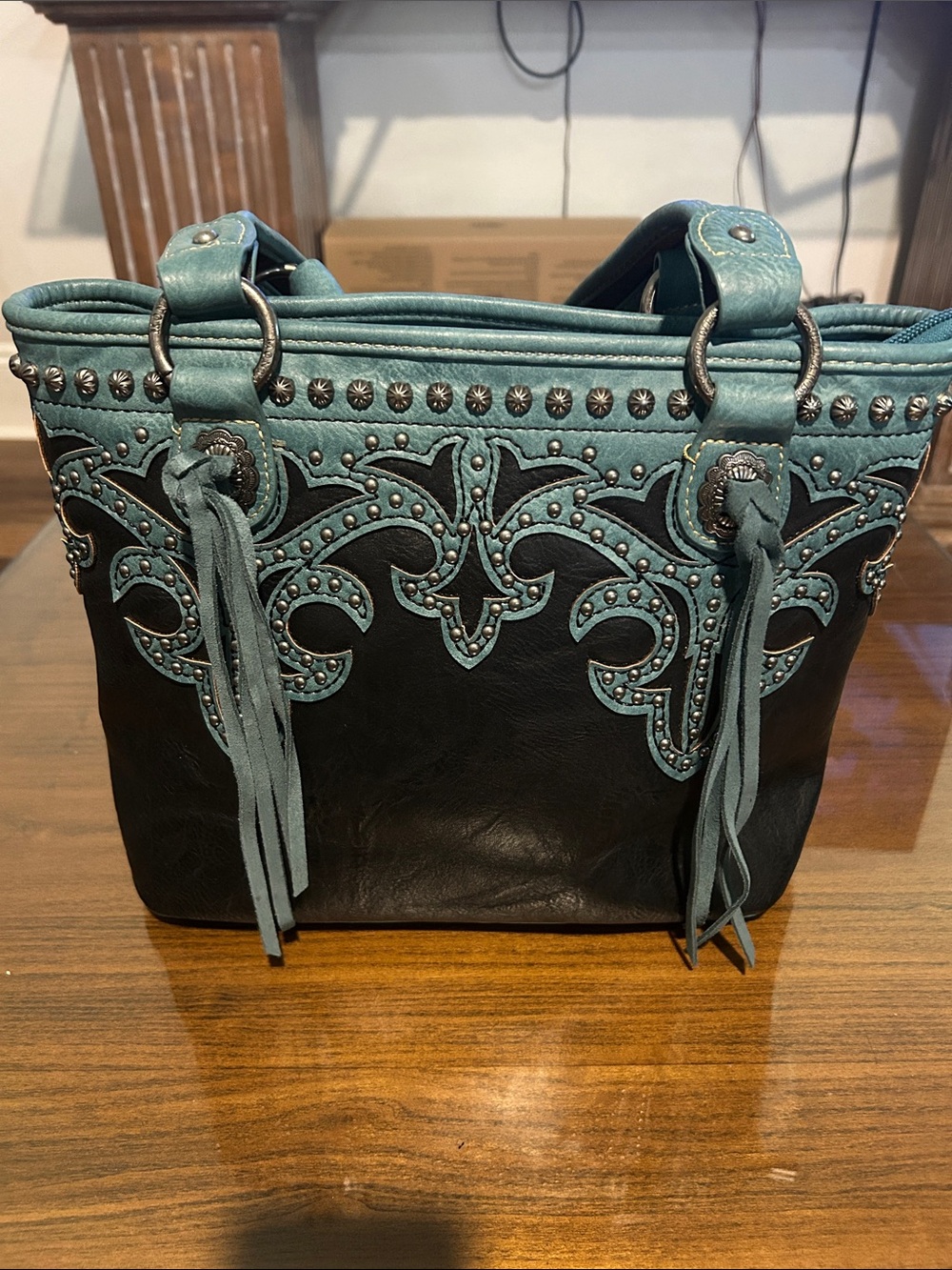 Montana West Black and Teal Western Studded Shoulder Bag